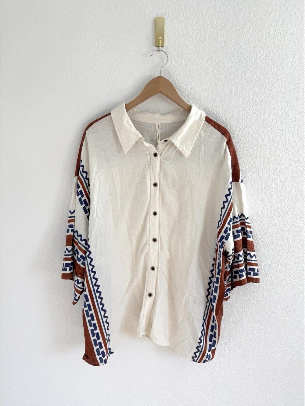 Maeve Cream Button-Front Top with Rust and Navy Print